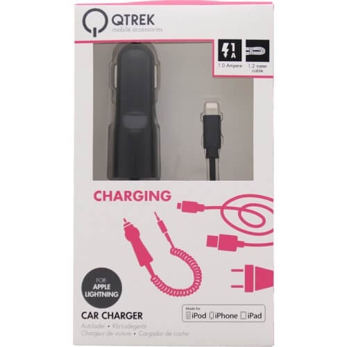 Qtrek Car Charger Wired Apple Lightning 1.8M 1A zwart
