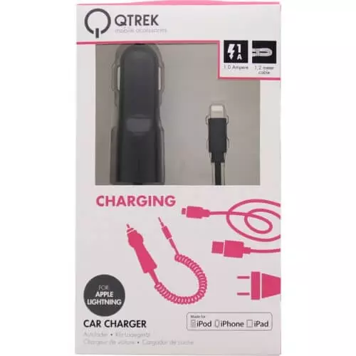 Qtrek Car Charger Wired Apple Lightning 1.8M 1A zwart