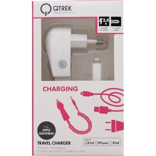 Qtrek Travel Charcer Wired Apple Lightning 1.5m 2.4A Wit